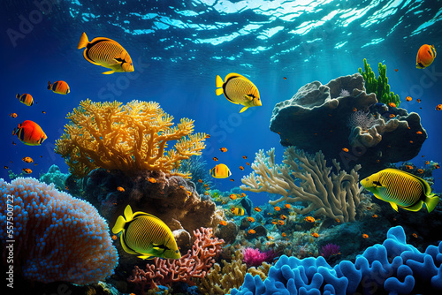 Underwater coral reef and lagoon, underwater scenery, snorkeling excursion. Generative AI © 2rogan
