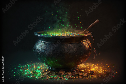 Irish cauldron pot with cloves symbol of Leprechaun irish holiday in Ireland for Saint Patrick's day, ai generative illustration, March 17th