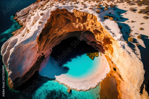 Beautiful volcanic open cave of Sykia, a geological phenomena, captured in an aerial drone shot in the Cyclades region of Greece's Milos island, south of the city. Generative AI photo