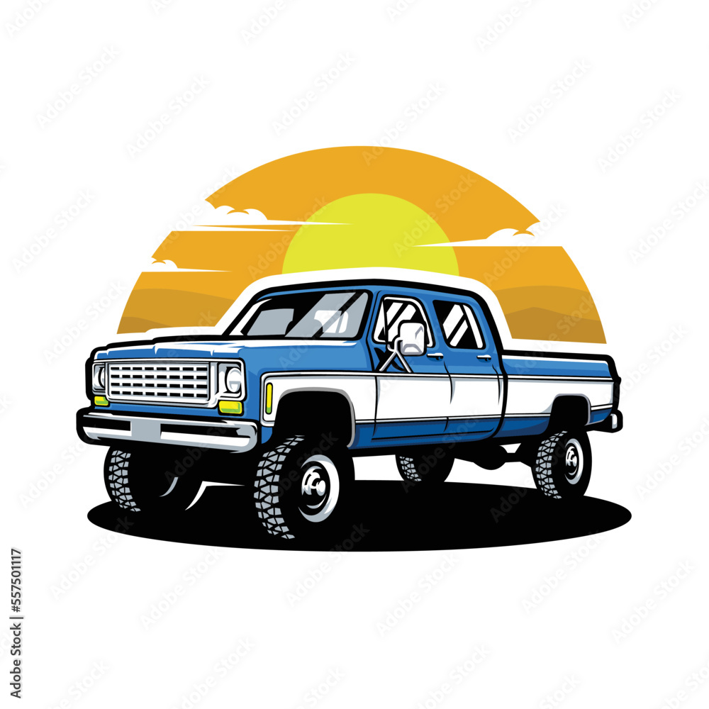 Premium Classic Lifted Truck Vector Illustration Isolated. Vintage