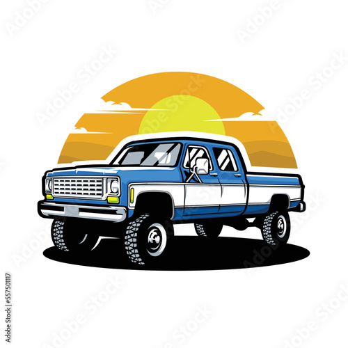 Premium Classic Lifted Truck Vector Illustration Isolated. Vintage Double Cabin Truck Vector