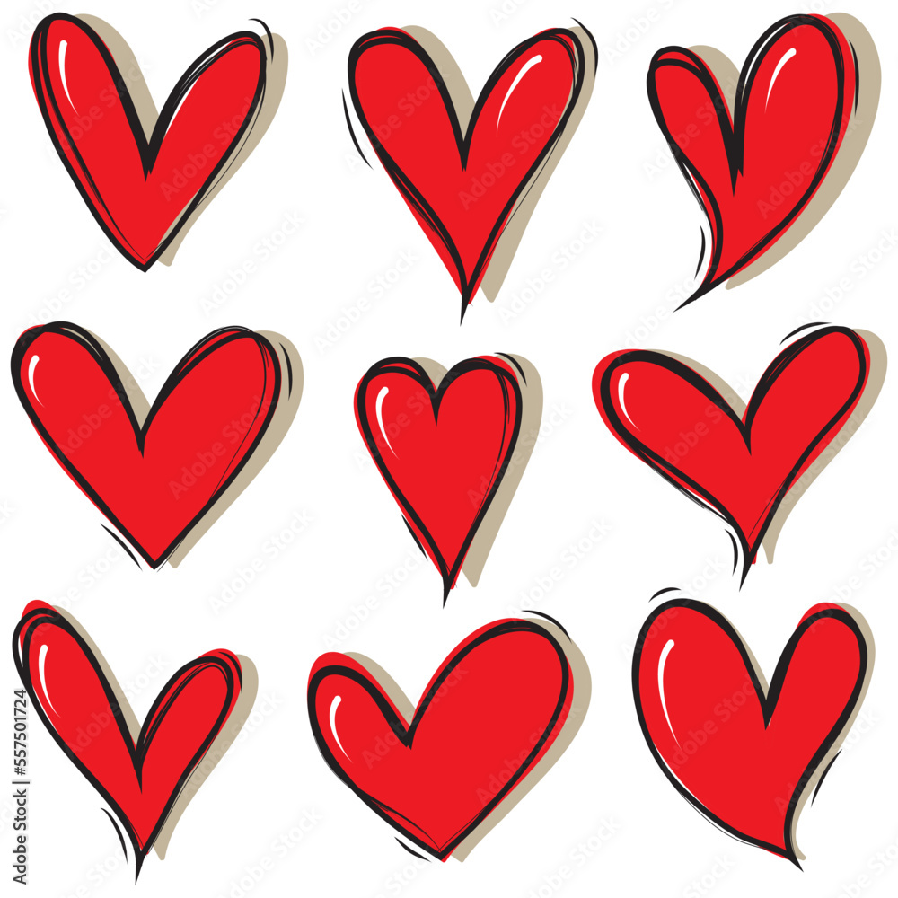 Doodle Hearts, a collection of colored, hand drawn love hearts. Vector illustration.