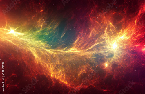 Colorful galaxy landscape with stars, planets and beautiful light in different colors, abstract design, mysterious out of space texture and visuals 