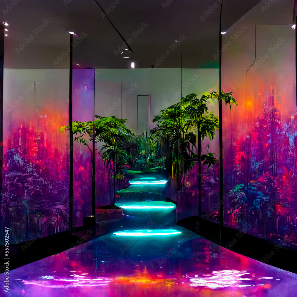 vaporwave paradise penthouse jungle zen garden interior glass