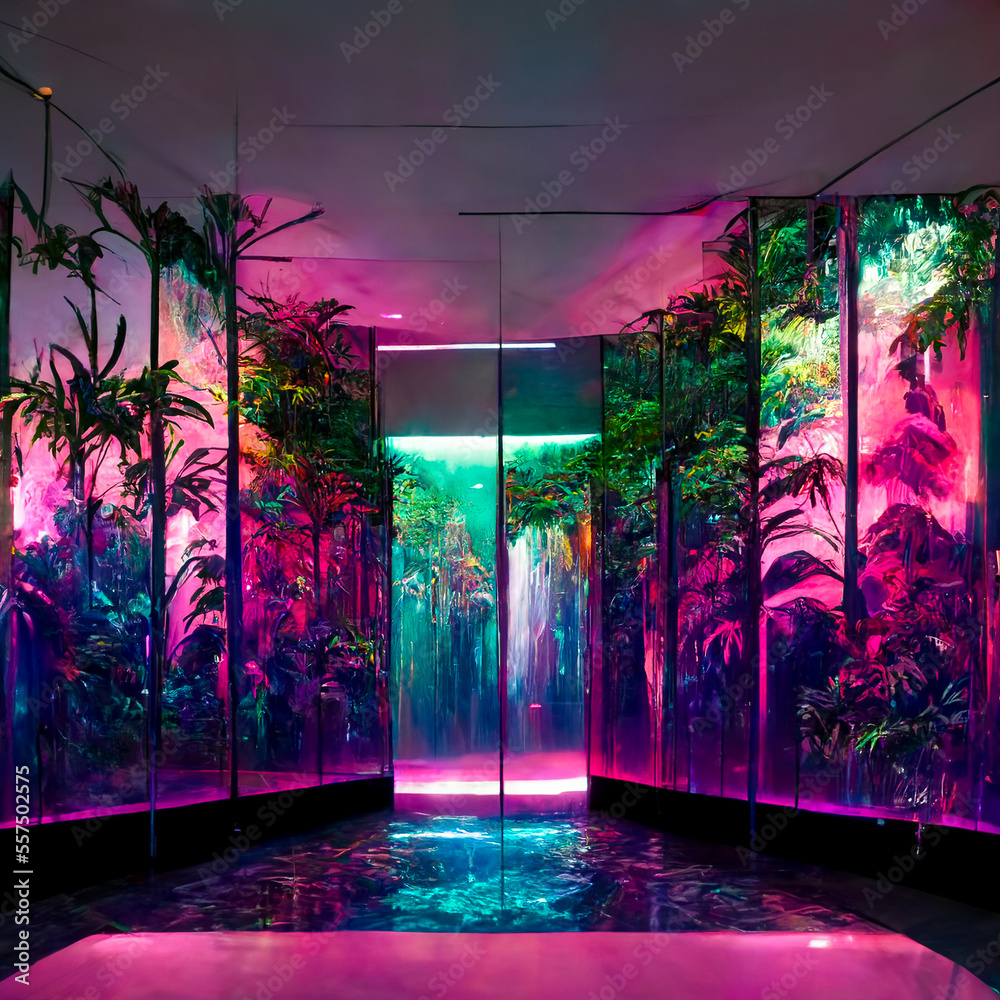 vaporwave paradise penthouse jungle zen garden interior glass ...