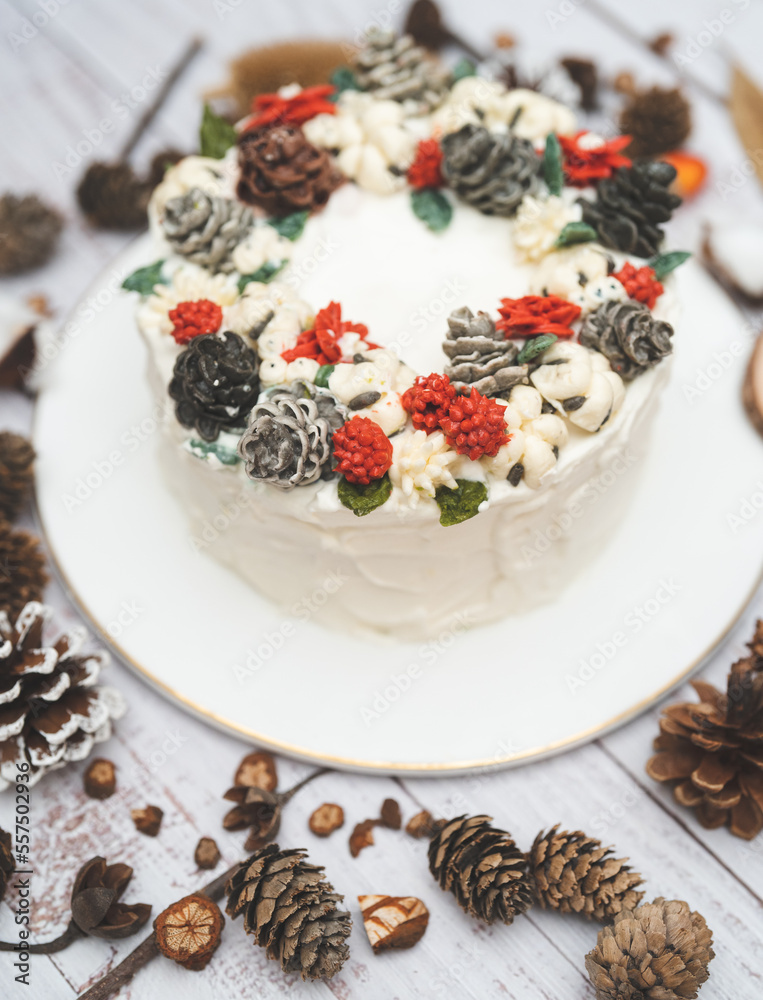 white cake with christmas decoration white cake with christmas decoration