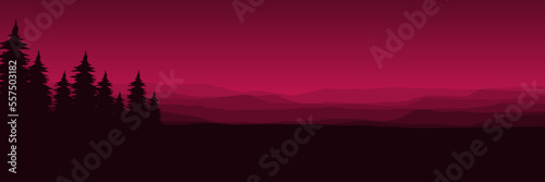 sunset mountain forest silhouette vector illustration for web banner, blog banner, wallpaper, background template, adventure design, tourism poster design, backdrop design