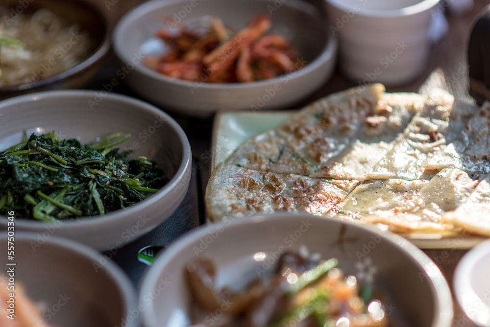 Assortment of Korean food in a Korean traditional restaurant. Buckwheat pancakes