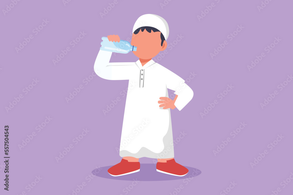 Cartoon flat style drawing Arabian little boy standing while holding and enjoying bottle of fresh milk to fulfill his body nutrition. Child or kid health and growth. Graphic design vector illustration Cartoon flat style drawing Arabian little boy standing while holding and enjoying bottle of fresh milk to fulfill his body nutrition. Child or kid health and growth. Graphic design vector illustration