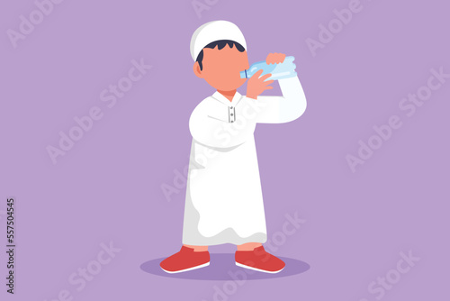 Graphic flat design drawing adorable Arab little boy standing while holding and enjoying bottle of fresh milk to fulfill his body nutrition. Child health and growth. Cartoon style vector illustration