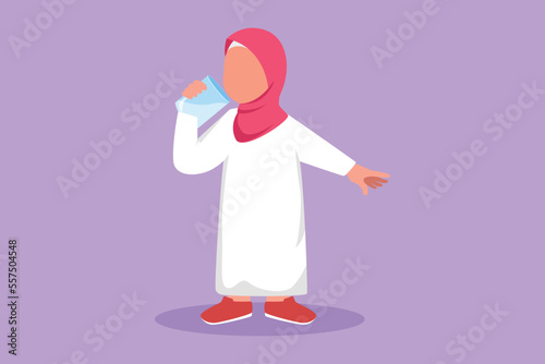 Cartoon flat style drawing beauty Arabian little girl standing while holding and enjoying glass of fresh milk to fulfill her body nutrition. Child health and growth. Graphic design vector illustration