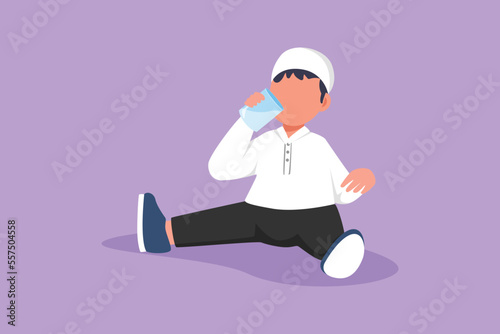 Character flat drawing adorable Arab little boy sitting while holding and enjoying glass of fresh milk to fulfill his body nutrition. Child health or growth concept. Cartoon design vector illustration