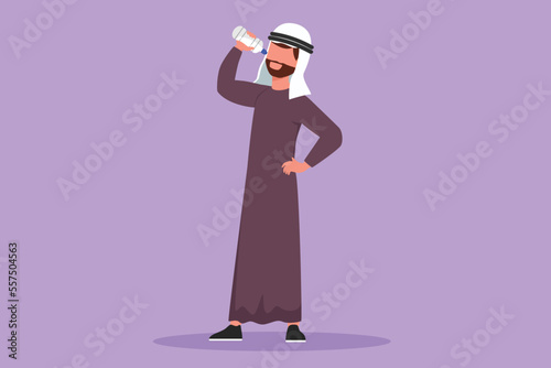 Character flat drawing of young Arab man standing and drinking fresh water from bottle with his right hand after fitness or workout. Healthy lifestyle and freshness. Cartoon design vector illustration
