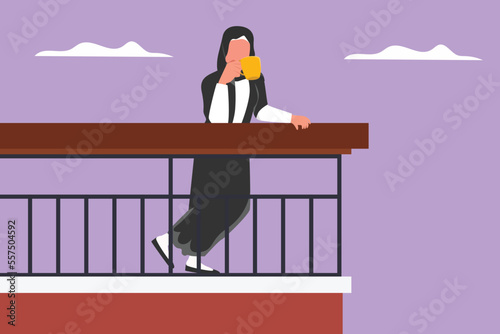 Character flat drawing Arab woman stands on balcony and drink coffee. Stay home in quarantine during coronavirus. Stay home, stay safe. People keep their distance. Cartoon design vector illustration