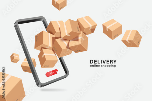 Parcel box or cardboard box floats in the air and plunges into the smartphone and below it there is a buy button