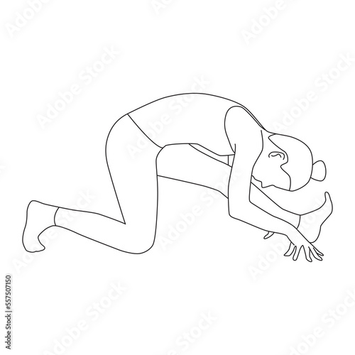 Line art of woman doing Yoga in runner stretching pose vector.