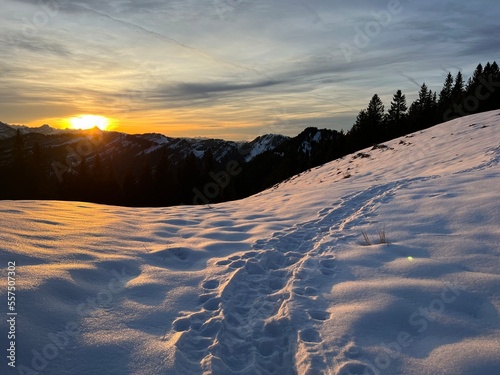 Wonderful winter hiking trails and traces in fresh alpine snow on the slopes of the Alpstein mountain range, Urnäsch (Urnaesch or Urnasch) - Canton of Appenzell Innerrhoden, Switzerland (Schweiz) photo