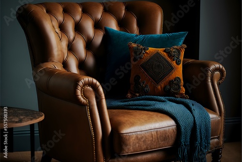 suede or leather armchair with a plush throw pillow, evoking feelings of luxury and sophistication, as the rich, textured fabric adds a touch of refinement and elegance, REALISTIC (AI Generated)