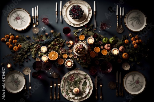 shot of the table from above, showing the arrangement of dishes, silverware, and decorations. Demonstrating the attention to detail that goes into setting a festive table, REALISTIC (AI Generated)