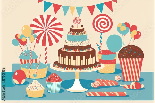 table with a large cake or dessert display  surrounded by party favours. Showing the sweet treats and fun accessories that are often associated with celebrations  DIGITAL DRAWING  AI Generated 