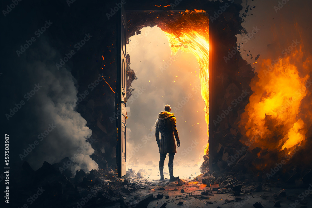 Fototapeta premium man looking in to unending entrance to another reality. Generative AI 