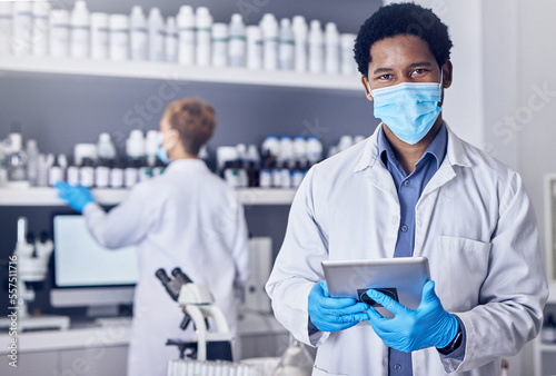 Wallpaper Mural Portrait, science and black man with mask, tablet and laboratory for vaccine, cure or healthcare