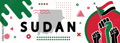 Happy independence day of Sudan. Geometric art banner for the republic of Sudan in shapes and figures flag color theme. Sudanese people Celebration and Public holiday. photo