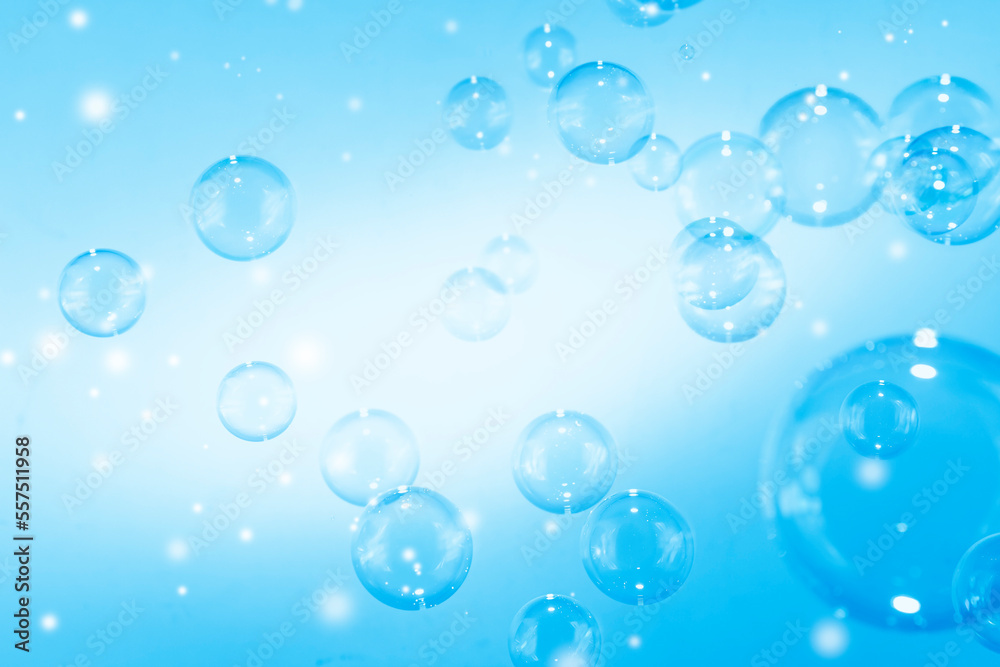 Beautiful Transparent Blue Soap Bubbles Abstract Background. Soap Sud Bubbles Water.