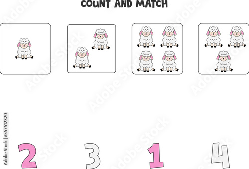 Counting game for kids. Count all Easter sheep and match with numbers. Worksheet for children.