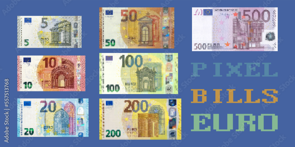 Obraz premium Vector set of pixel European Union banknotes. The denomination of paper money is from 5 to 500 euros.