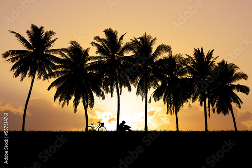 silhouette of lonely man Sit under a coconut tree with beautiful light. concept of loneliness