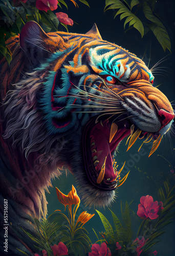 Colourful Tiger head in jungle  artwork  painting
