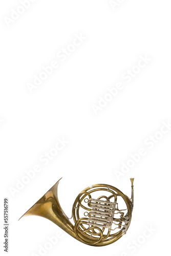 A vintage French horn on a white background