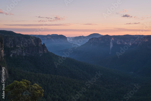 sunrise over the mountains at Govetts Leap Lookout in New South Wales  Australia