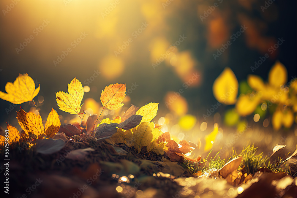 Idyllic fall leaf meadow in sunshine. An autumn nature scene in a garden.
Created with generative AI technology and Photoshop.