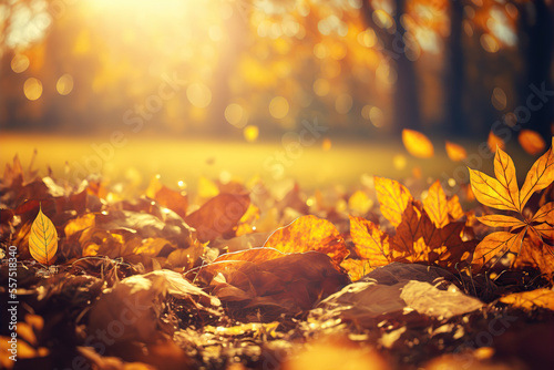 Idyllic fall leaf meadow in sunshine. An autumn nature scene in a garden. Created with generative AI technology and Photoshop. © BinaryBard