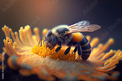 Close-up of honey bee on a flower, Generative AI
