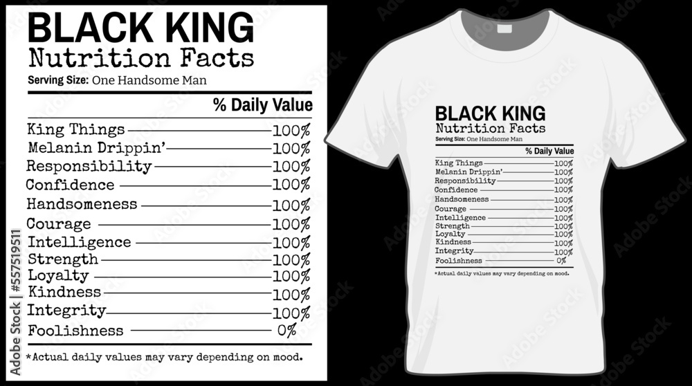 Black king nutrition facts t shirt. Black History Month vector
