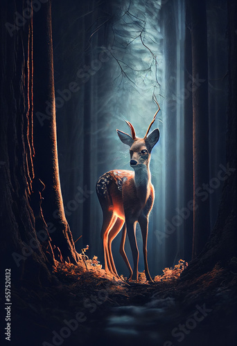 Lonely bambi deer in a dark forest, Generative AI