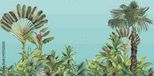 fantastic vector of tropical forest with exotic flowers, leaves, and trees