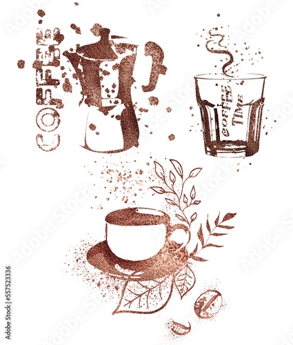 Coffee shop - Coffee time for coffee lovers. Coffee with coffee beans, coffee pot, espresso macchiato.  Isolated on a white background.  Coffee print design with mocha pot and different coffee cups.