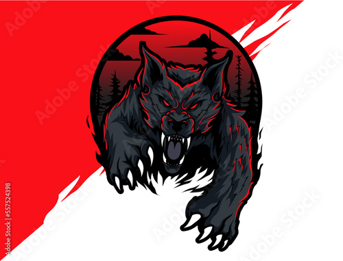 Vector illustration of WOLF with Horror background, Horror look WOLF on Horror background. For mascot logo design in modern illustration. Separate layer and editable. Print on t-shirt (COLOR VERSION)