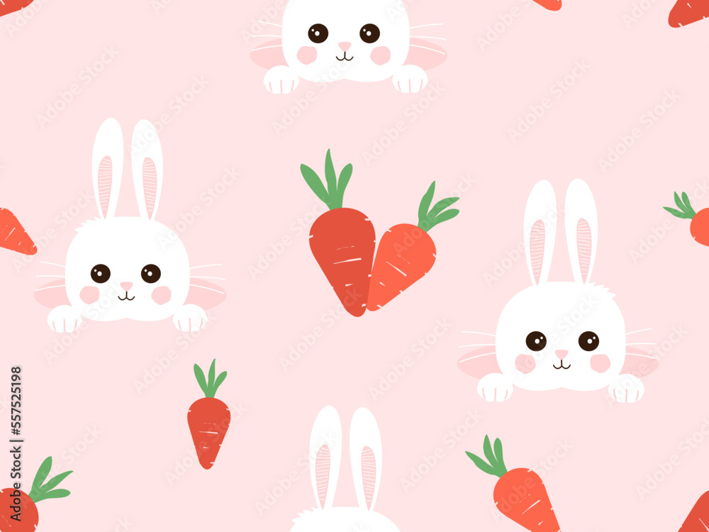 Seamless pattern with bunny rabbit cartoons and carrot on pink background vector illustration. Cute childish print.