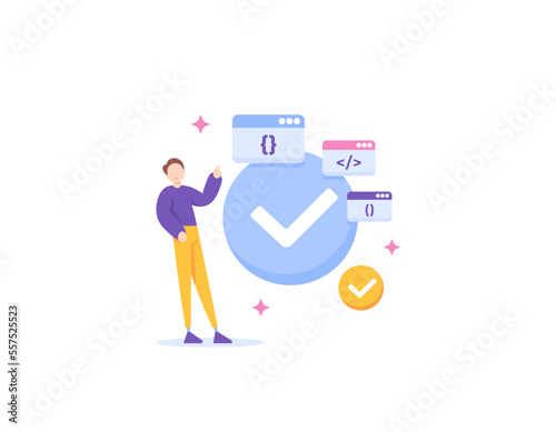learn programming. website developer and full stack developer. A programmer is able to complete a program properly and correctly. expert and professional. illustration concept design. graphic elements