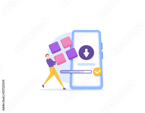 download applications or software. application downloader and installer service. someone wants to install a software on a smartphone. update version. illustration concept design. graphic elements.