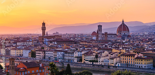 Sunset panorama with Duomo cathedral and Palazzo Vecchio Tower, Florence Italy photo