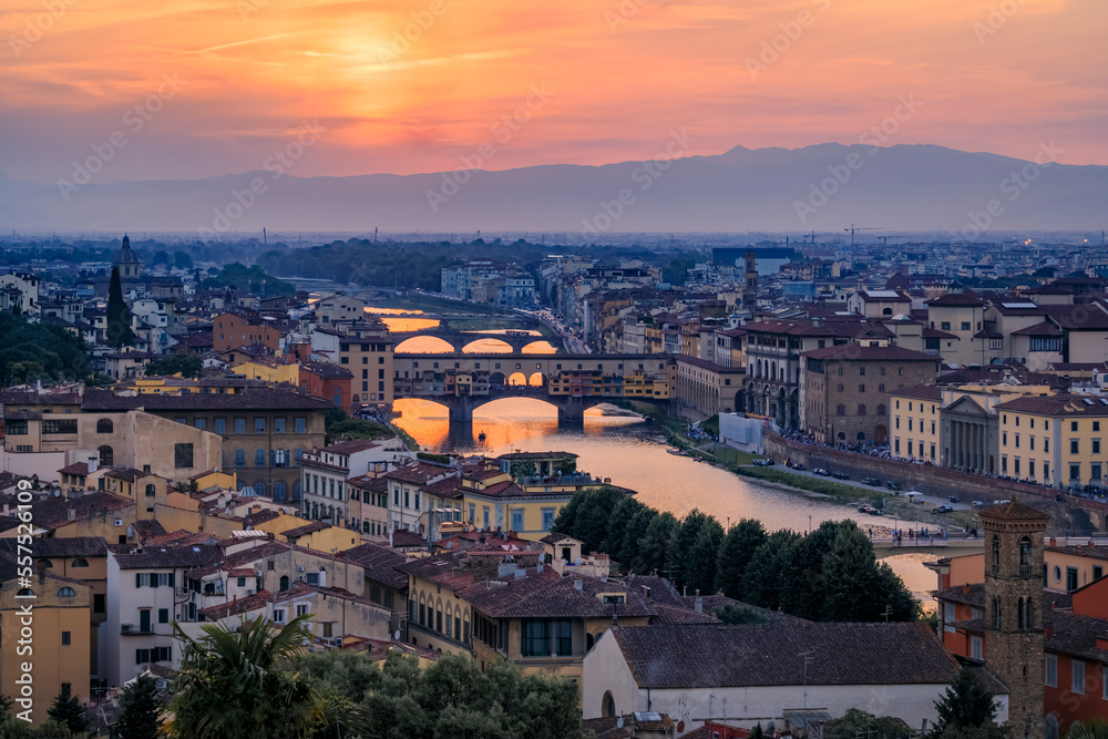 Ponte Vecchio Bridge on the river Arno River in Centro Storico, Florence, Italy