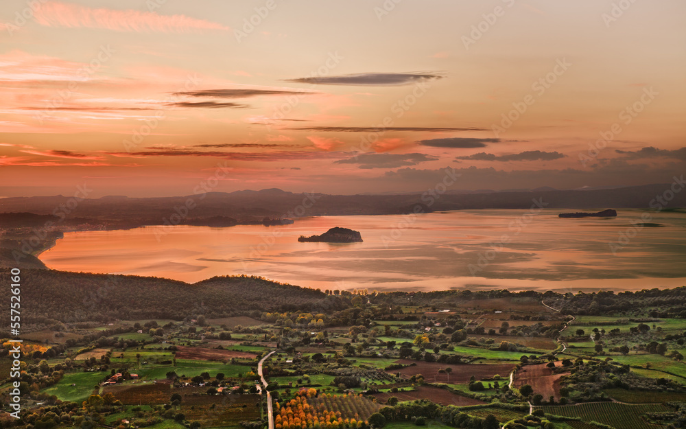 Montefiascone, Viterbo, Lazio, Italy: landscape at sunset of the Lake Bolsena - obrazy, fototapety, plakaty 