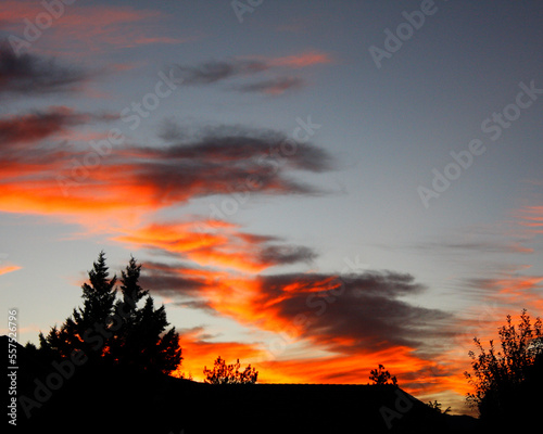 Silhouette of House and Trees at Sunset