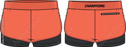 Women athletic Running trail Shorts with Compression tights shorts design flat sketch fashion Illustration for girls and Ladies, Athletic shorts concept with front and back view for tracking wear.